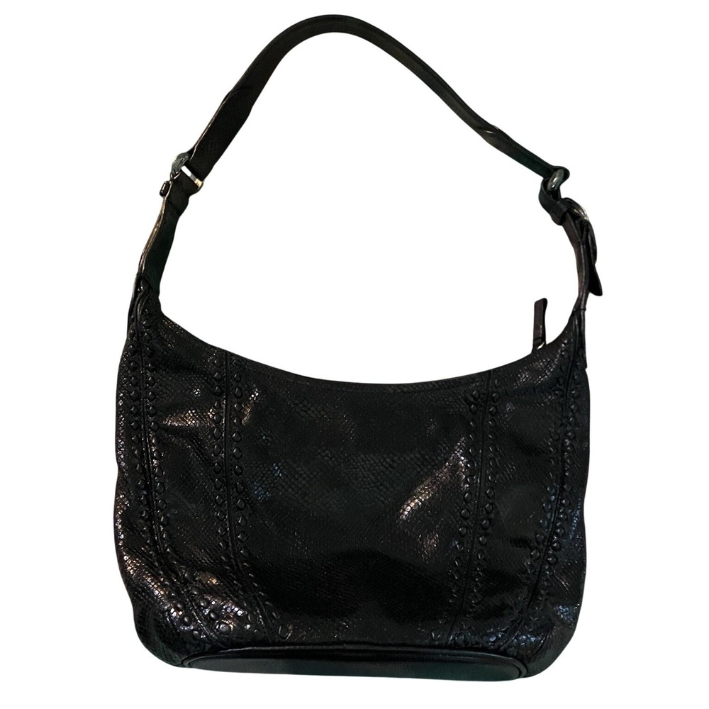 Brighton Black Leather Purse Womens Hobo Slouchy Faux Snakeskin Western Buckle